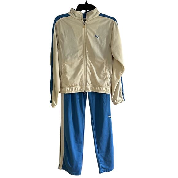 Y2K Puma Tracksuit 2 Piece Jacket Sweatpants Women’s Sz Medium Cream & Blue - Picture 2 of 16